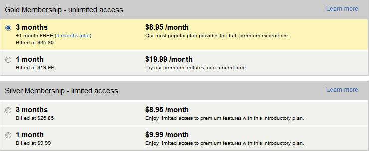 The pricing chart for Amigos.com